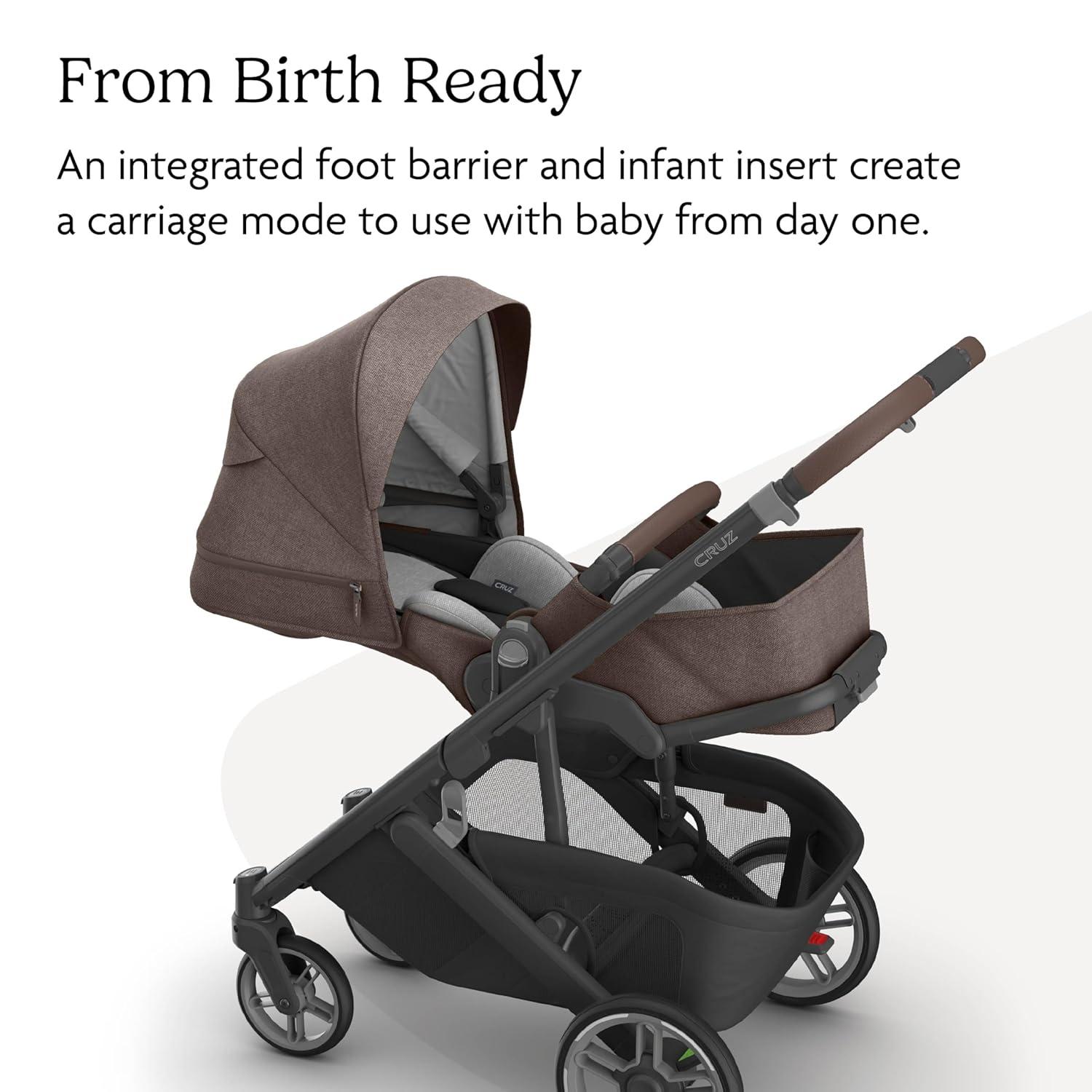 imageUPPAbaby Cruz V3 Stroller  from Birth  Car Seat Compatible  FullSize Reversible Seat  Infant Insert Bug and Rain Shields Included  Greyson Charcoal MlangeCarbon FrameSaddle LeatherOwen Mocha Mlange