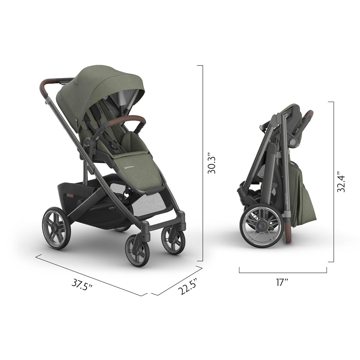 imageUPPAbaby Cruz V3 Stroller  from Birth  Car Seat Compatible  FullSize Reversible Seat  Infant Insert Bug and Rain Shields Included  Greyson Charcoal MlangeCarbon FrameSaddle LeatherEvelyn Meadow Green