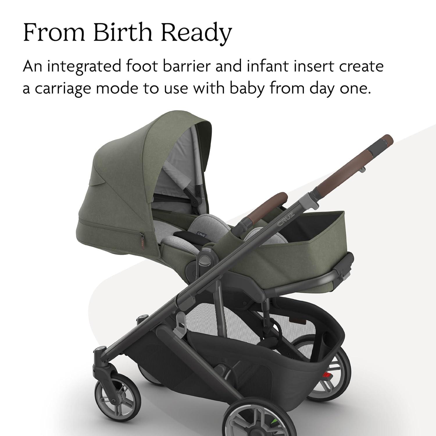 imageUPPAbaby Cruz V3 Stroller  from Birth  Car Seat Compatible  FullSize Reversible Seat  Infant Insert Bug and Rain Shields Included  Greyson Charcoal MlangeCarbon FrameSaddle LeatherEvelyn Meadow Green
