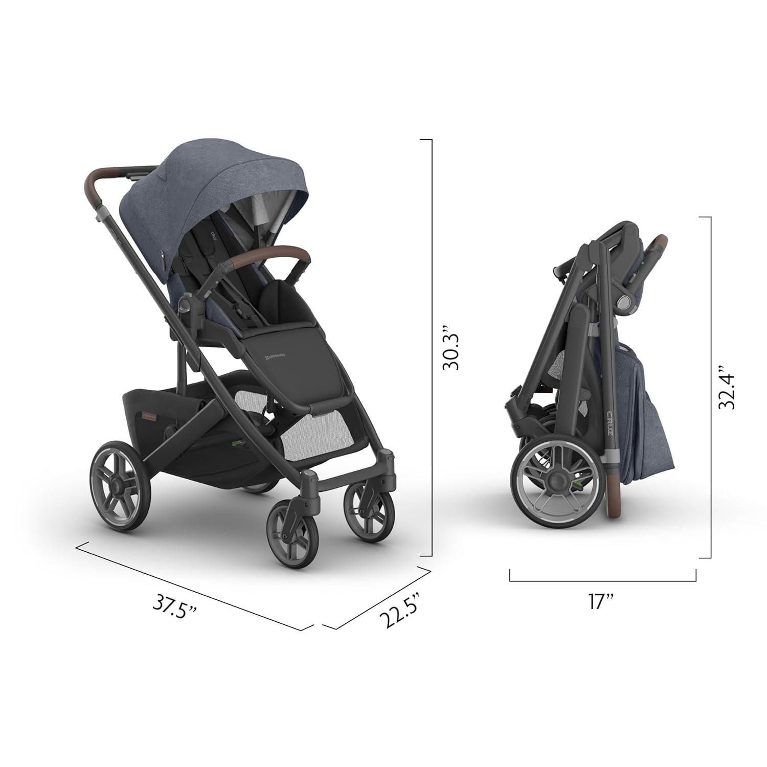 imageUPPAbaby Cruz V3 Stroller  from Birth  Car Seat Compatible  FullSize Reversible Seat  Infant Insert Bug and Rain Shields Included  Greyson Charcoal MlangeCarbon FrameSaddle LeatherJulian Dusty Blue Mlange