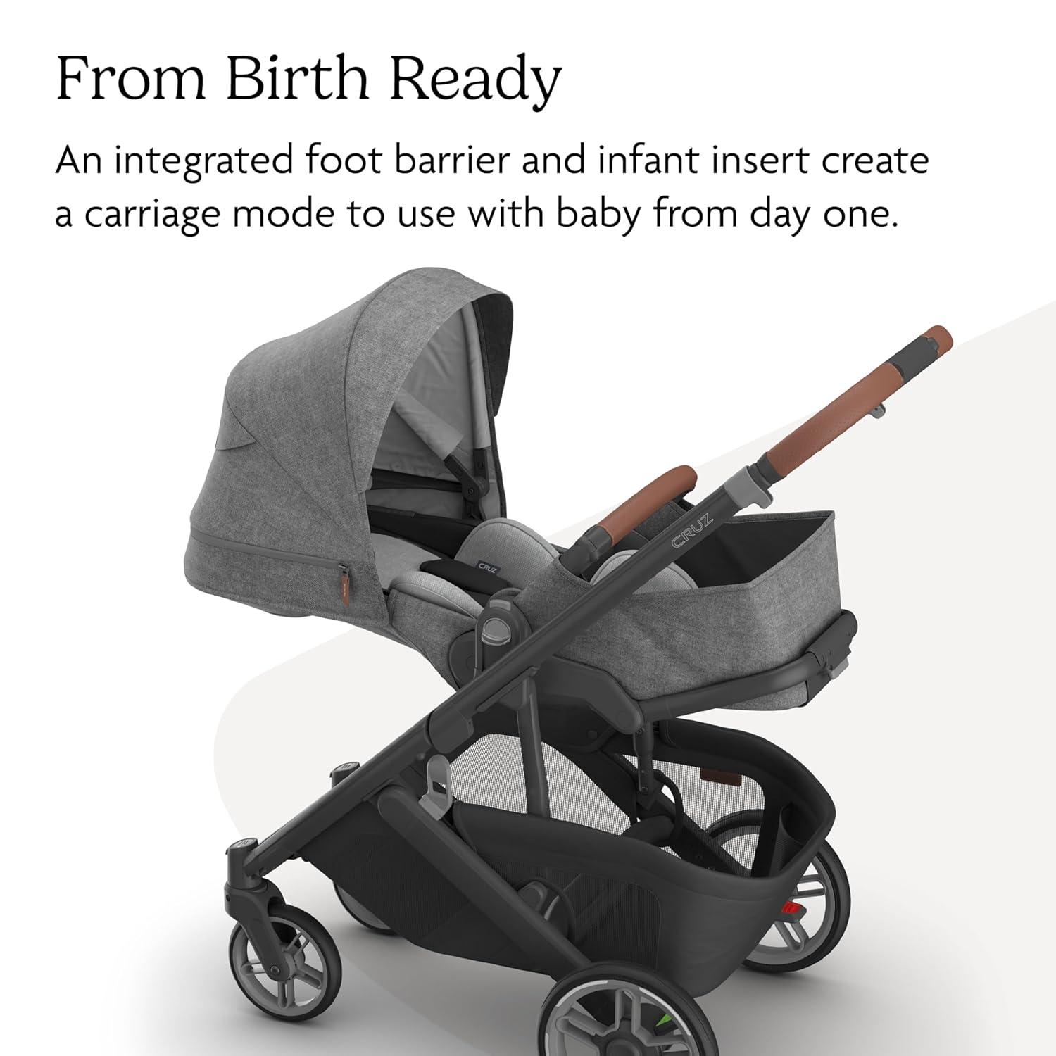 imageUPPAbaby Cruz V3 Stroller  from Birth  Car Seat Compatible  FullSize Reversible Seat  Infant Insert Bug and Rain Shields Included  Greyson Charcoal MlangeCarbon FrameSaddle LeatherGreyson Charcoal Mlange