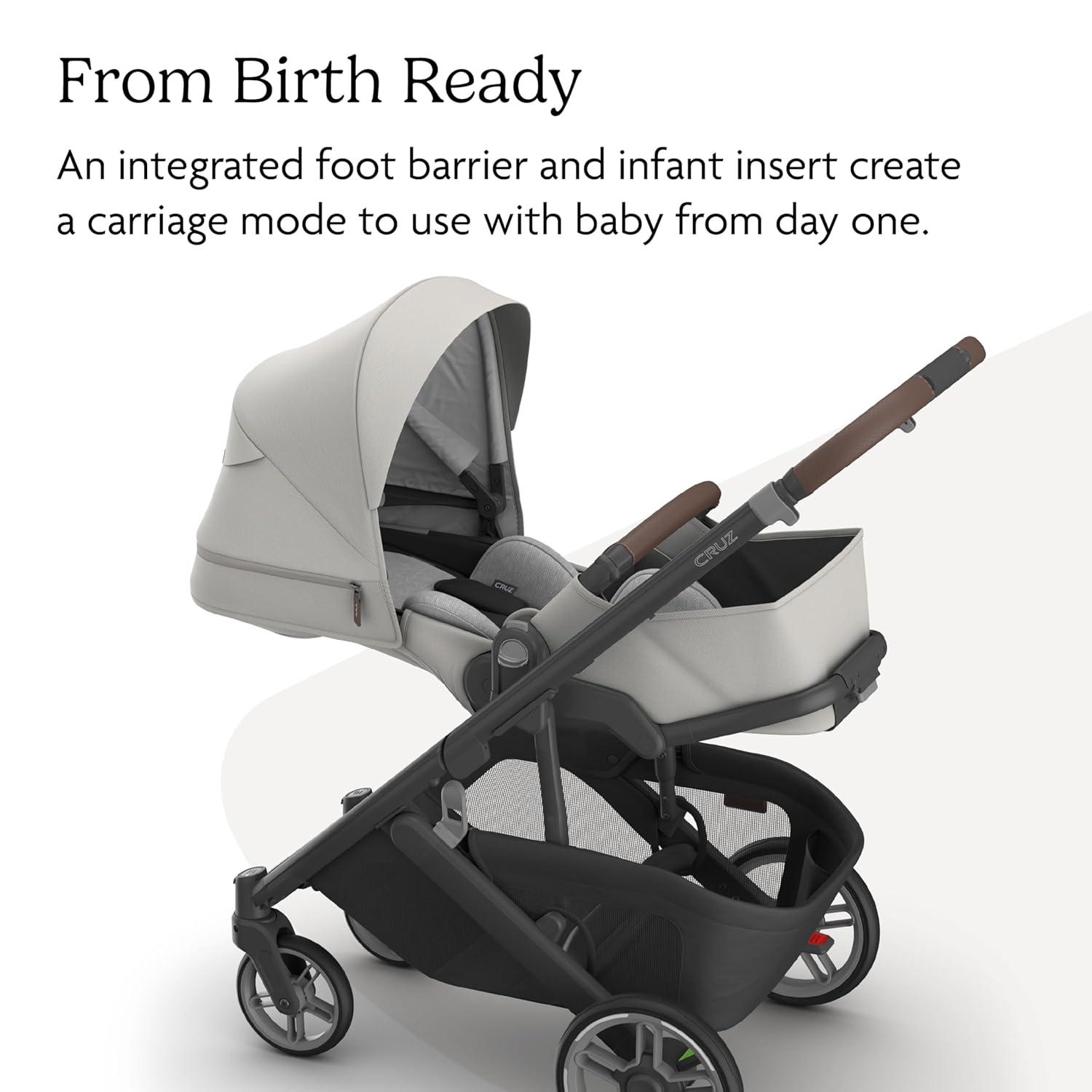 imageUPPAbaby Cruz V3 Stroller  from Birth  Car Seat Compatible  FullSize Reversible Seat  Infant Insert Bug and Rain Shields Included  Greyson Charcoal MlangeCarbon FrameSaddle LeatherSavannah Pearl Gray Jacquard