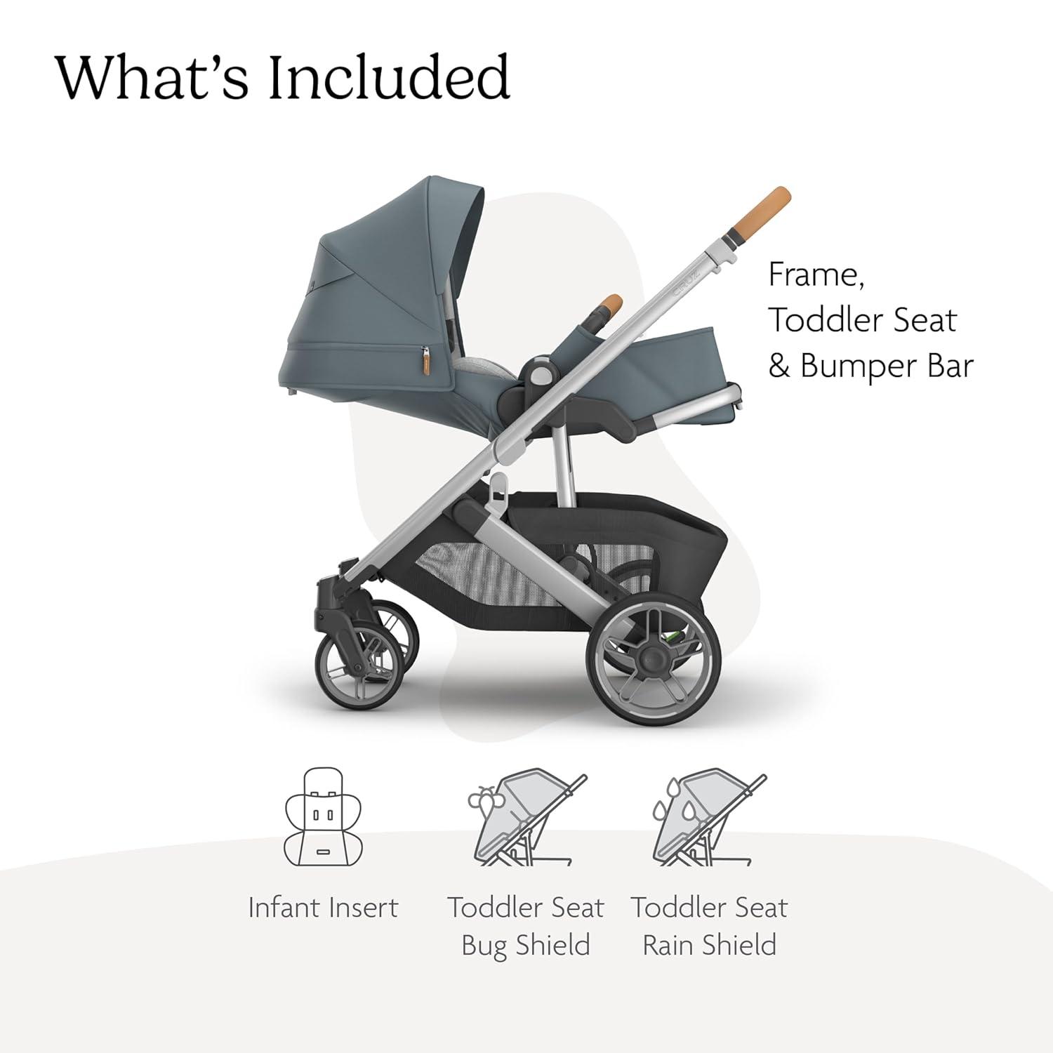 imageUPPAbaby Cruz V3 Stroller  from Birth  Car Seat Compatible  FullSize Reversible Seat  Infant Insert Bug and Rain Shields Included  Greyson Charcoal MlangeCarbon FrameSaddle LeatherCallum Stone Blue