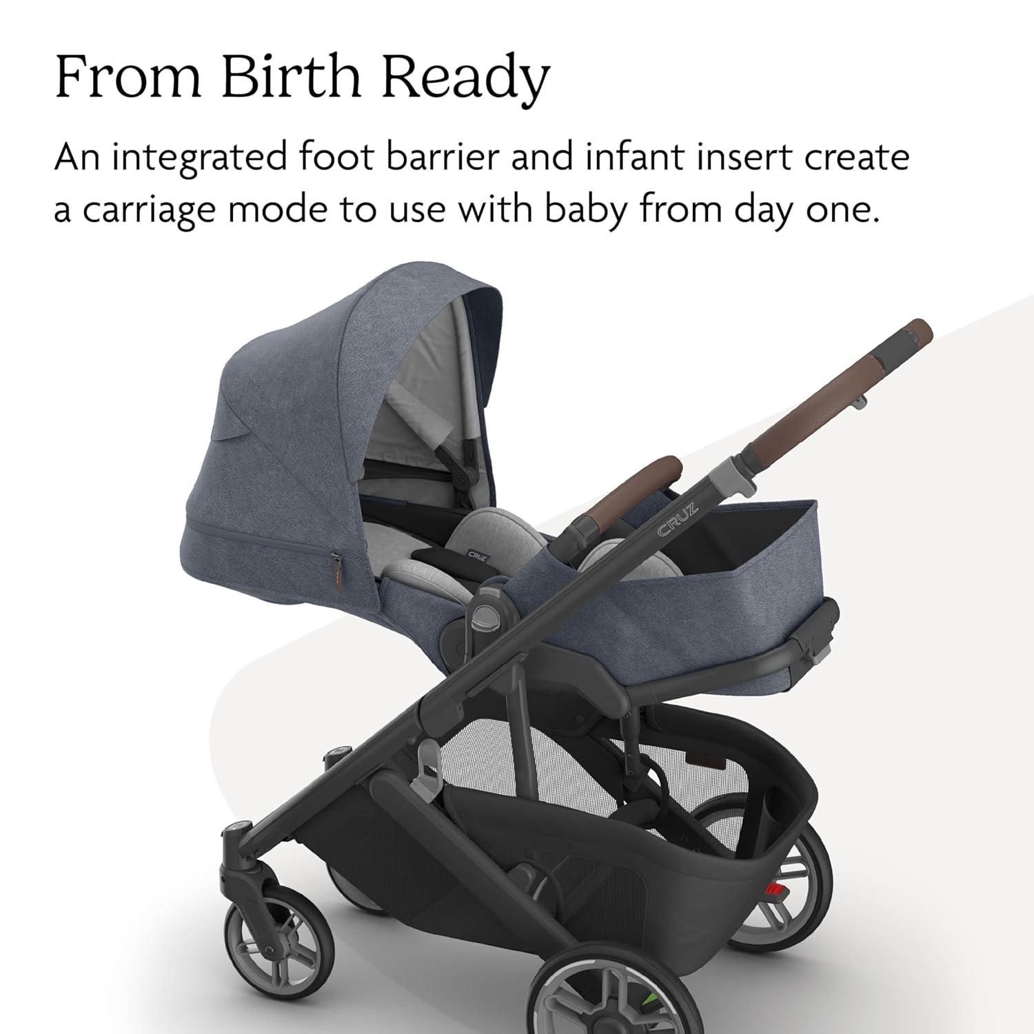 imageUPPAbaby Cruz V3 Stroller  from Birth  Car Seat Compatible  FullSize Reversible Seat  Infant Insert Bug and Rain Shields Included  Greyson Charcoal MlangeCarbon FrameSaddle LeatherJulian Dusty Blue Mlange