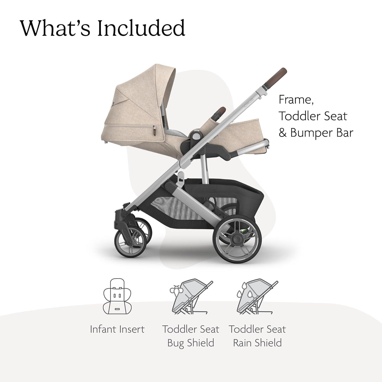 imageUPPAbaby Cruz V3 Stroller  from Birth  Car Seat Compatible  FullSize Reversible Seat  Infant Insert Bug and Rain Shields Included  Greyson Charcoal MlangeCarbon FrameSaddle LeatherDeclan Oat Mlange