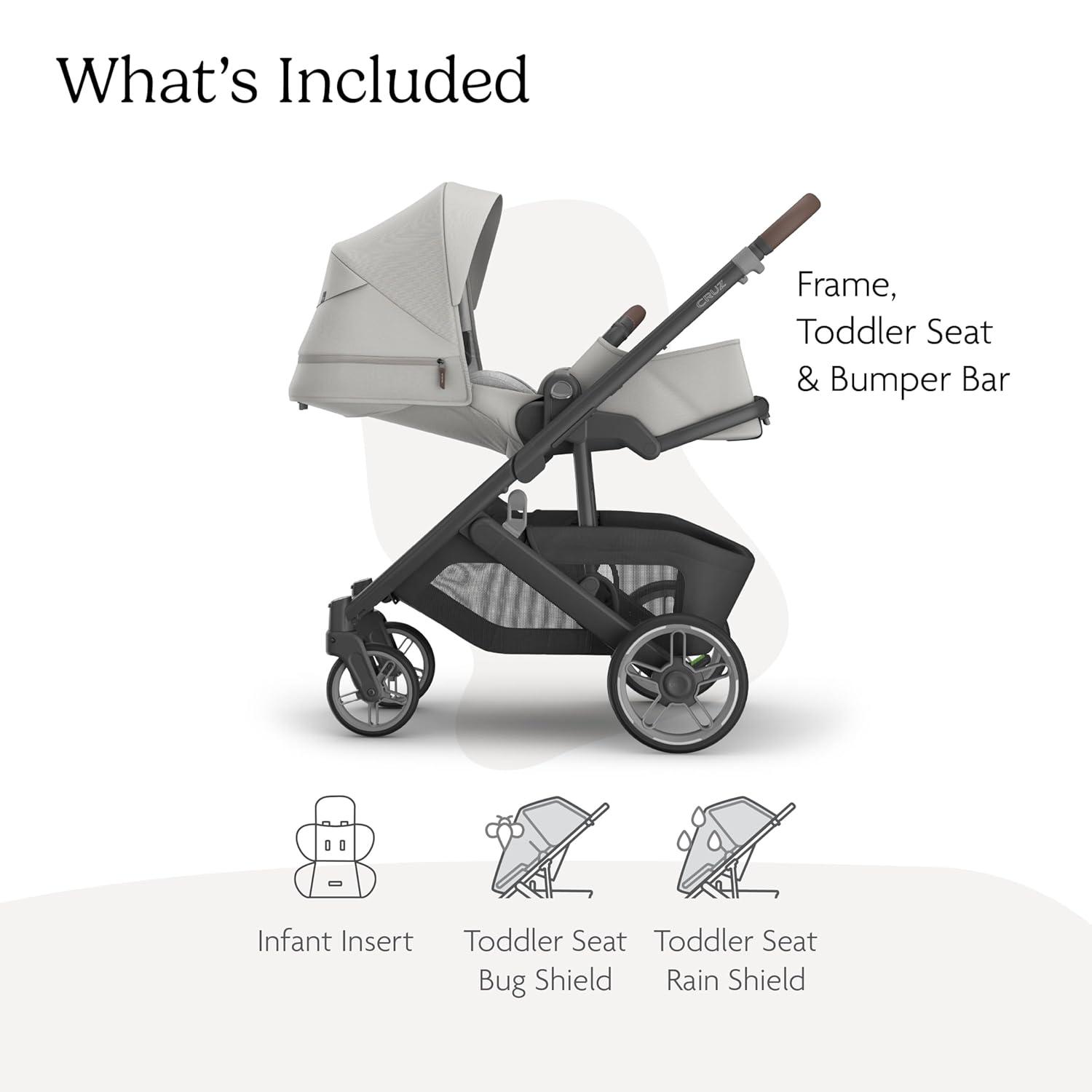 imageUPPAbaby Cruz V3 Stroller  from Birth  Car Seat Compatible  FullSize Reversible Seat  Infant Insert Bug and Rain Shields Included  Greyson Charcoal MlangeCarbon FrameSaddle LeatherSavannah Pearl Gray Jacquard