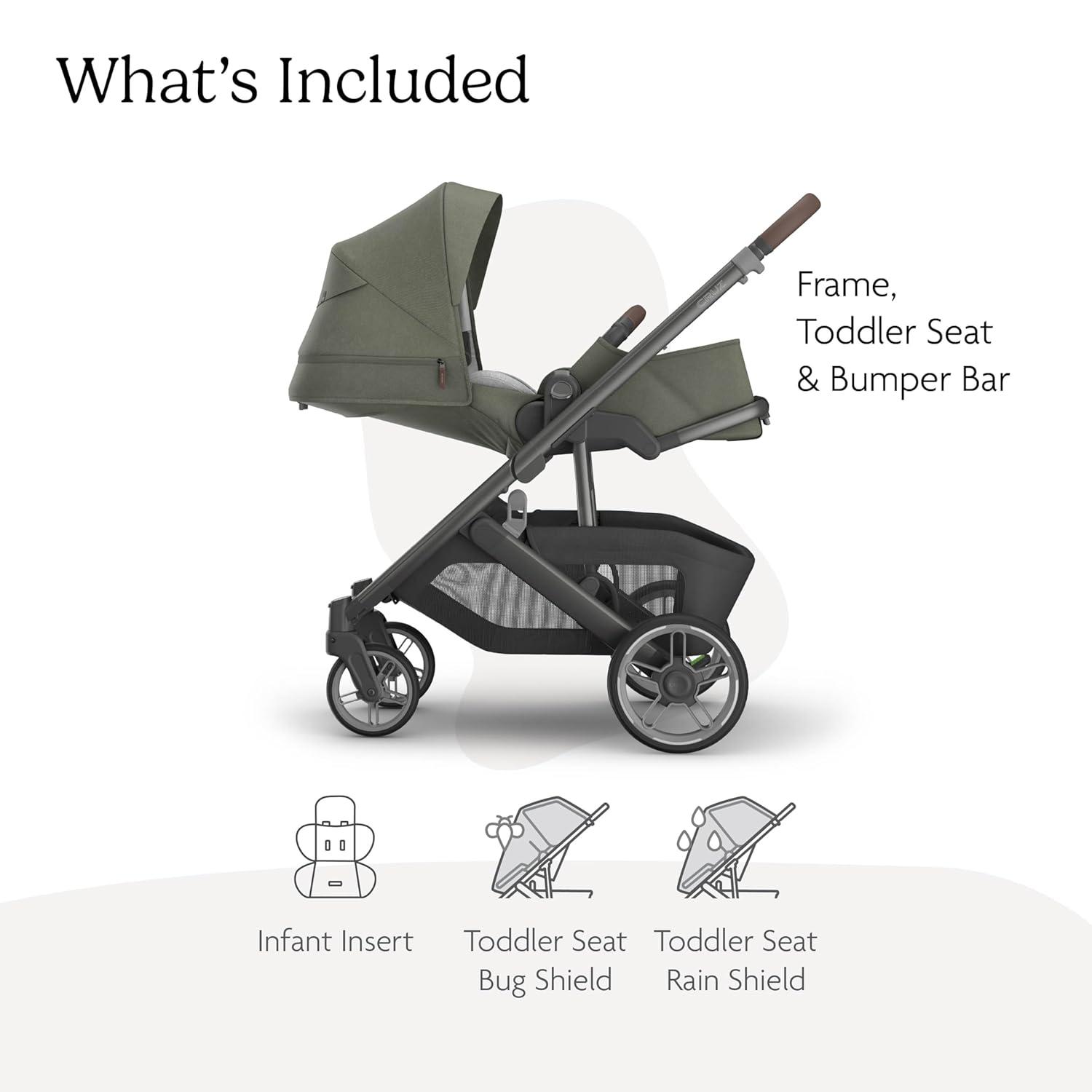 imageUPPAbaby Cruz V3 Stroller  from Birth  Car Seat Compatible  FullSize Reversible Seat  Infant Insert Bug and Rain Shields Included  Greyson Charcoal MlangeCarbon FrameSaddle LeatherEvelyn Meadow Green
