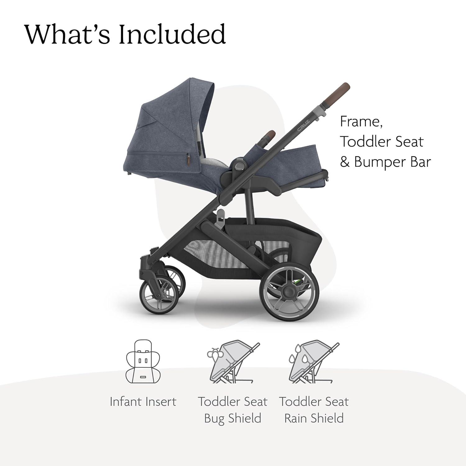 imageUPPAbaby Cruz V3 Stroller  from Birth  Car Seat Compatible  FullSize Reversible Seat  Infant Insert Bug and Rain Shields Included  Greyson Charcoal MlangeCarbon FrameSaddle LeatherJulian Dusty Blue Mlange