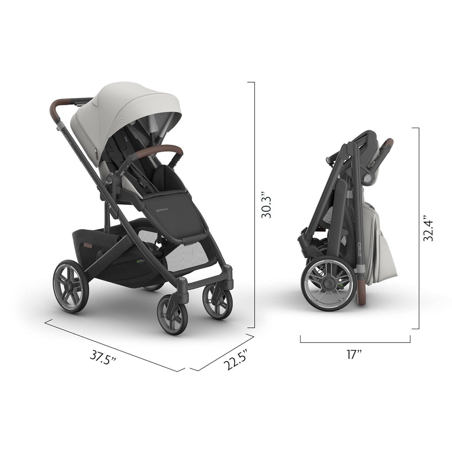 imageUPPAbaby Cruz V3 Stroller  from Birth  Car Seat Compatible  FullSize Reversible Seat  Infant Insert Bug and Rain Shields Included  Greyson Charcoal MlangeCarbon FrameSaddle LeatherSavannah Pearl Gray Jacquard