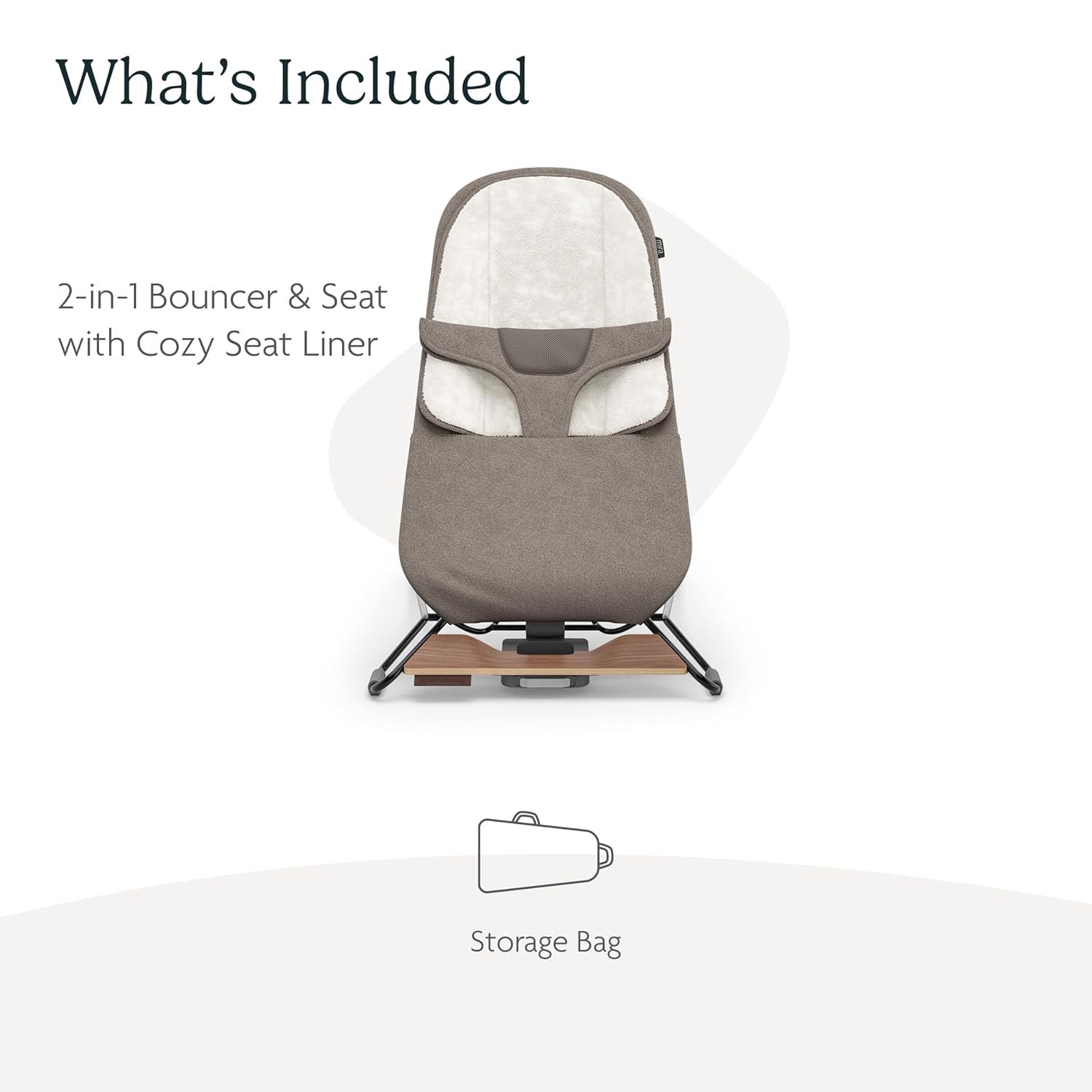 imageUPPAbaby Mira BouncerPortable 2in1 Bouncer  Seat Grows With Your BabyGREENGuard Gold JPMA  FSC certifiedCozy Seat Liner  Storage Bag IncludedCharlie Sand MlangeBlack ChromeWalnut WoodWells