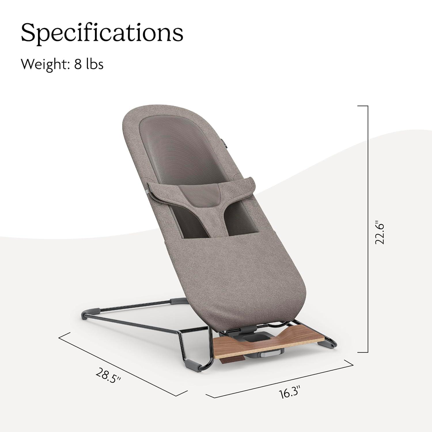 imageUPPAbaby Mira BouncerPortable 2in1 Bouncer  Seat Grows With Your BabyGREENGuard Gold JPMA  FSC certifiedCozy Seat Liner  Storage Bag IncludedCharlie Sand MlangeBlack ChromeWalnut WoodWells
