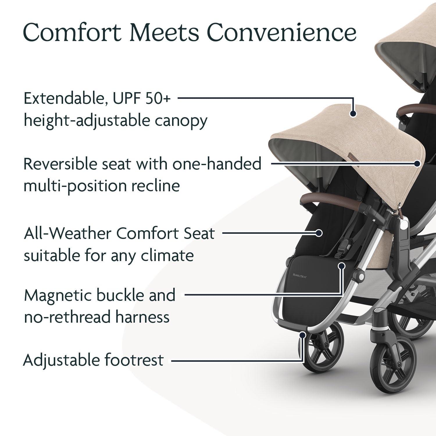 imageUPPAbaby RumbleSeat V3 Second Lower Seat  Compatible with Vista V2 and Vista V3  AllWeather Seat  Magnetic Buckle  Adapters Included  Jake CharcoalCarbon FrameBlack LeatherDeclan Oat MlangeSilver FrameChestnut Leather