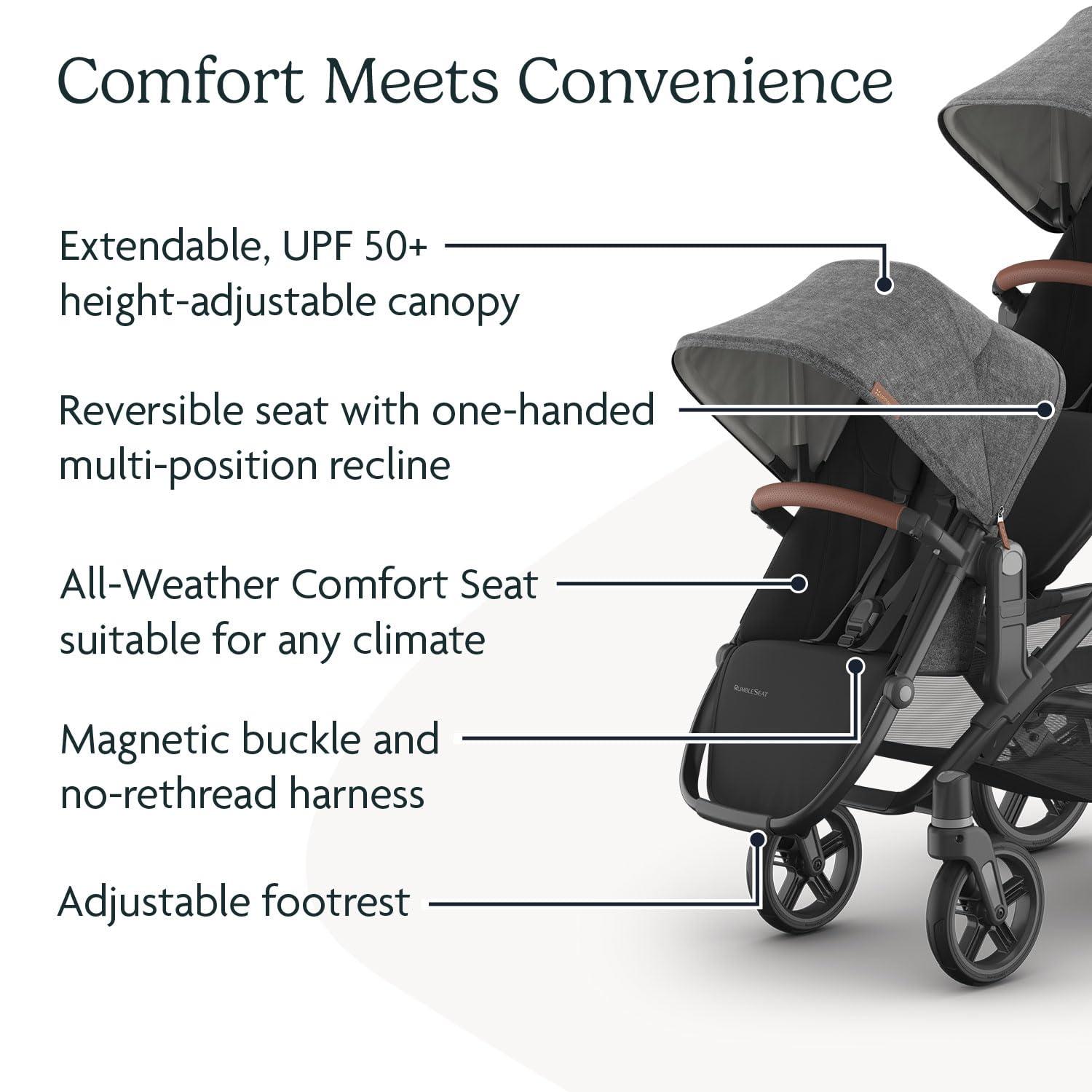 imageUPPAbaby RumbleSeat V3 Second Lower Seat  Compatible with Vista V2 and Vista V3  AllWeather Seat  Magnetic Buckle  Adapters Included  Jake CharcoalCarbon FrameBlack LeatherGreyson Charcoal MlangeCarbon FrameSaddle Leather