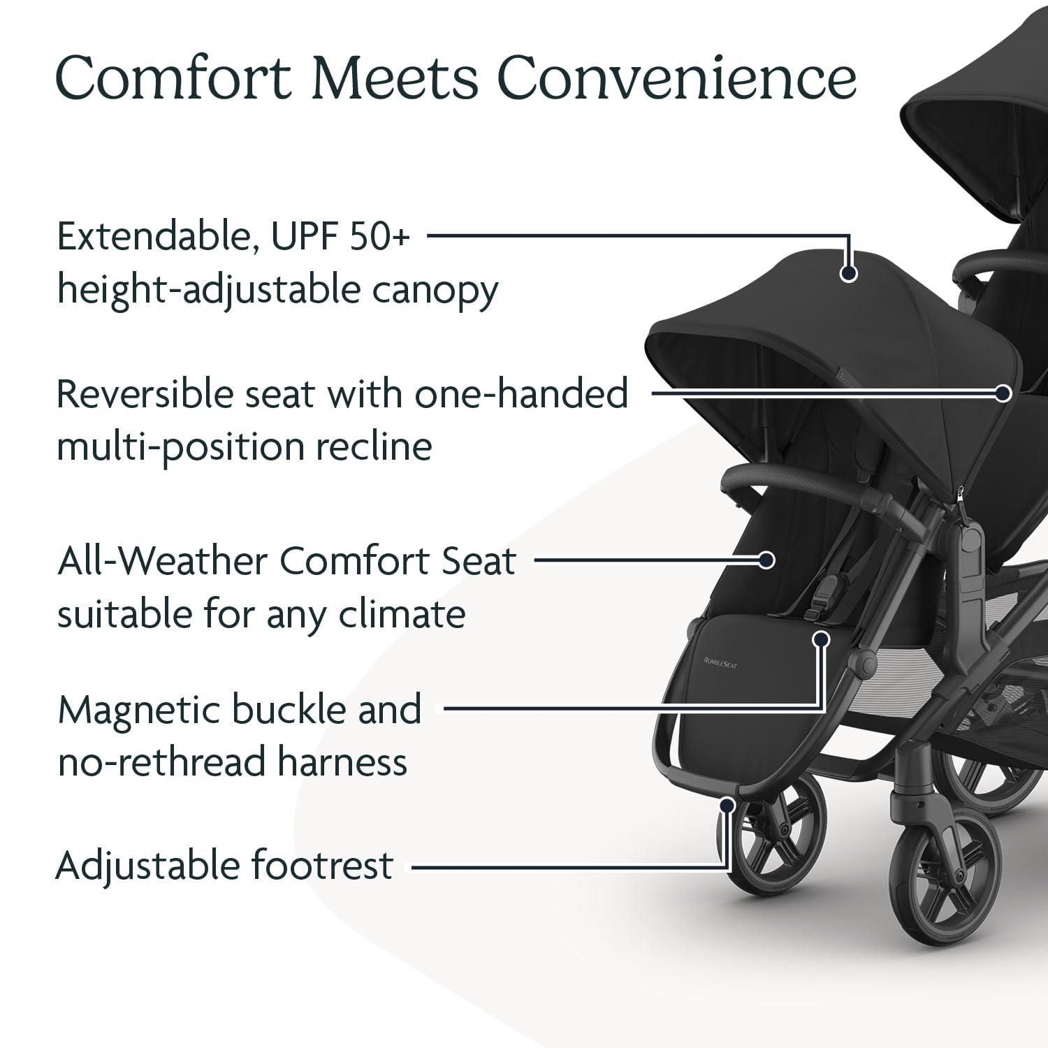imageUPPAbaby RumbleSeat V3 Second Lower Seat  Compatible with Vista V2 and Vista V3  AllWeather Seat  Magnetic Buckle  Adapters Included  Jake CharcoalCarbon FrameBlack LeatherJake CharcoalCarbon FrameBlack Leather