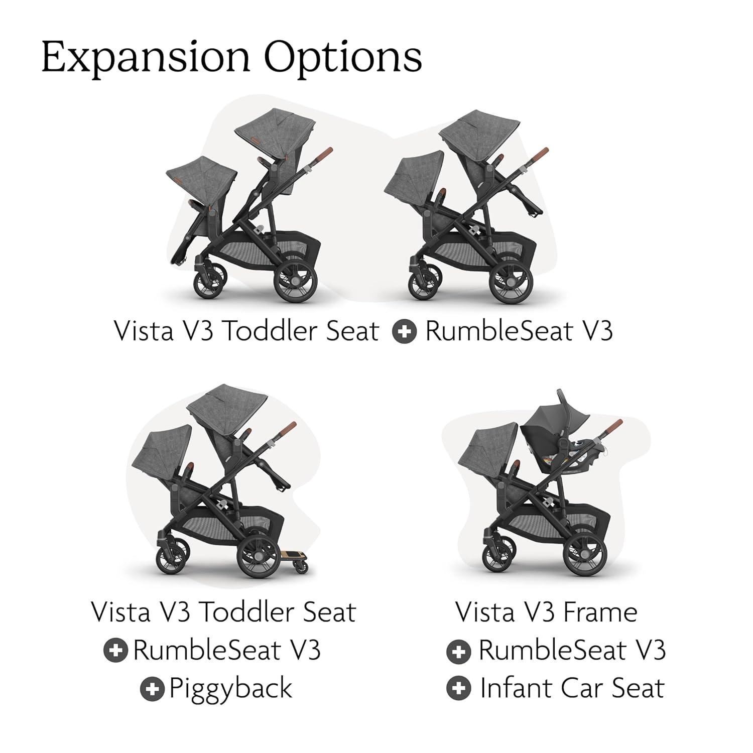 imageUPPAbaby RumbleSeat V3 Second Lower Seat  Compatible with Vista V2 and Vista V3  AllWeather Seat  Magnetic Buckle  Adapters Included  Jake CharcoalCarbon FrameBlack LeatherEvelyn Meadow GreenGraphite FrameChestnut Leather