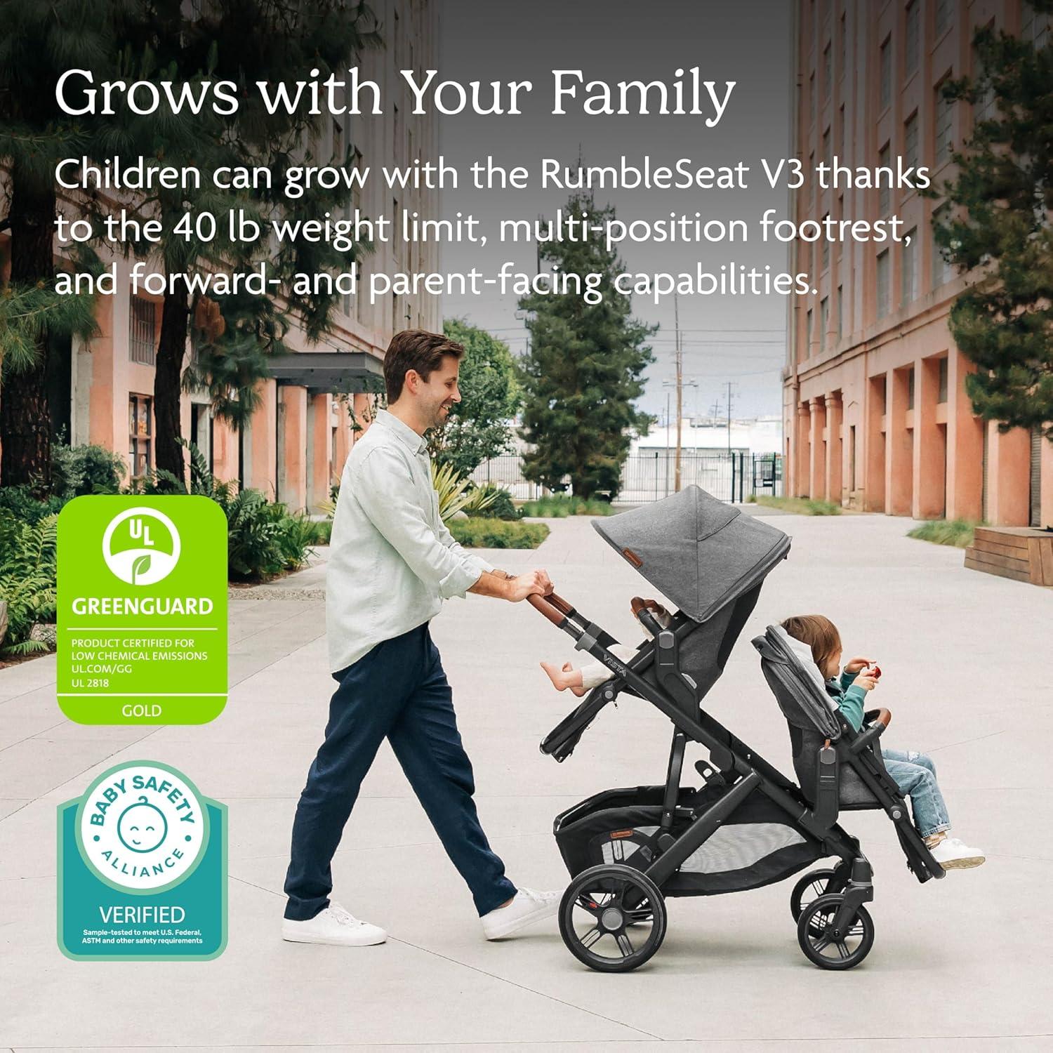 imageUPPAbaby RumbleSeat V3 Second Lower Seat  Compatible with Vista V2 and Vista V3  AllWeather Seat  Magnetic Buckle  Adapters Included  Jake CharcoalCarbon FrameBlack LeatherEvelyn Meadow GreenGraphite FrameChestnut Leather