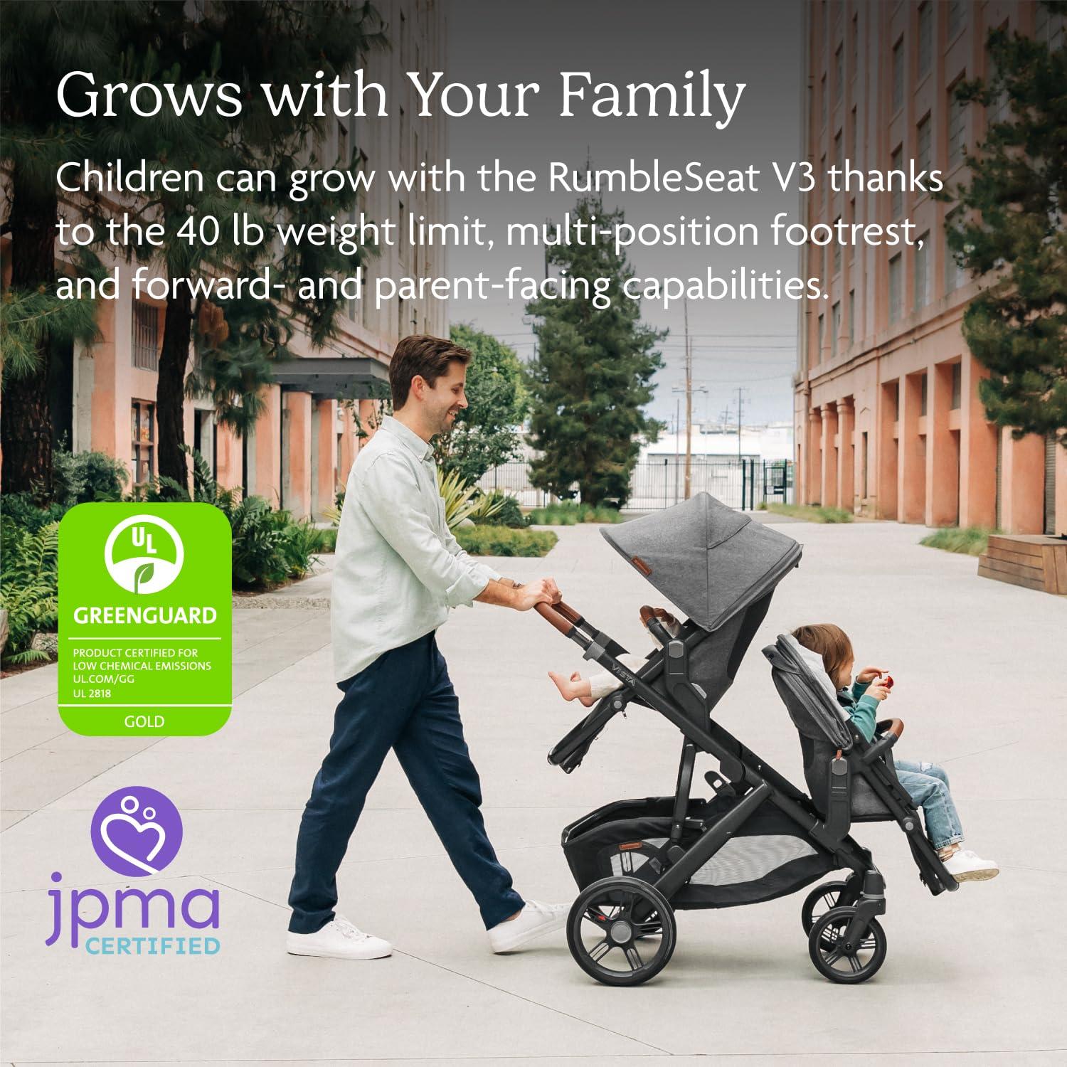 imageUPPAbaby RumbleSeat V3 Second Lower Seat  Compatible with Vista V2 and Vista V3  AllWeather Seat  Magnetic Buckle  Adapters Included  Jake CharcoalCarbon FrameBlack LeatherGreyson Charcoal MlangeCarbon FrameSaddle Leather