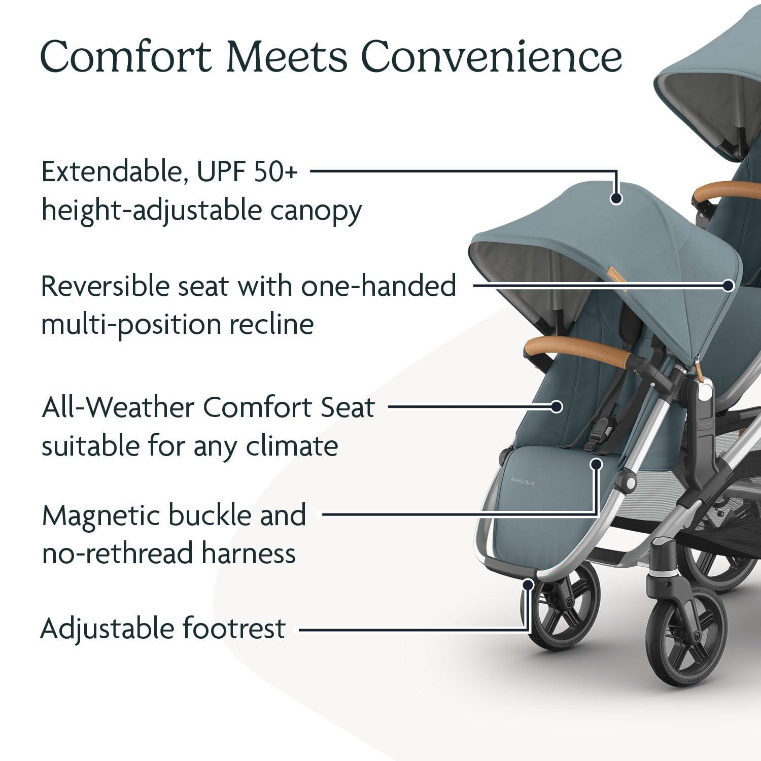 imageUPPAbaby RumbleSeat V3 Second Lower Seat  Compatible with Vista V2 and Vista V3  AllWeather Seat  Magnetic Buckle  Adapters Included  Jake CharcoalCarbon FrameBlack LeatherCallum Stone BlueSilver FrameSand Leather