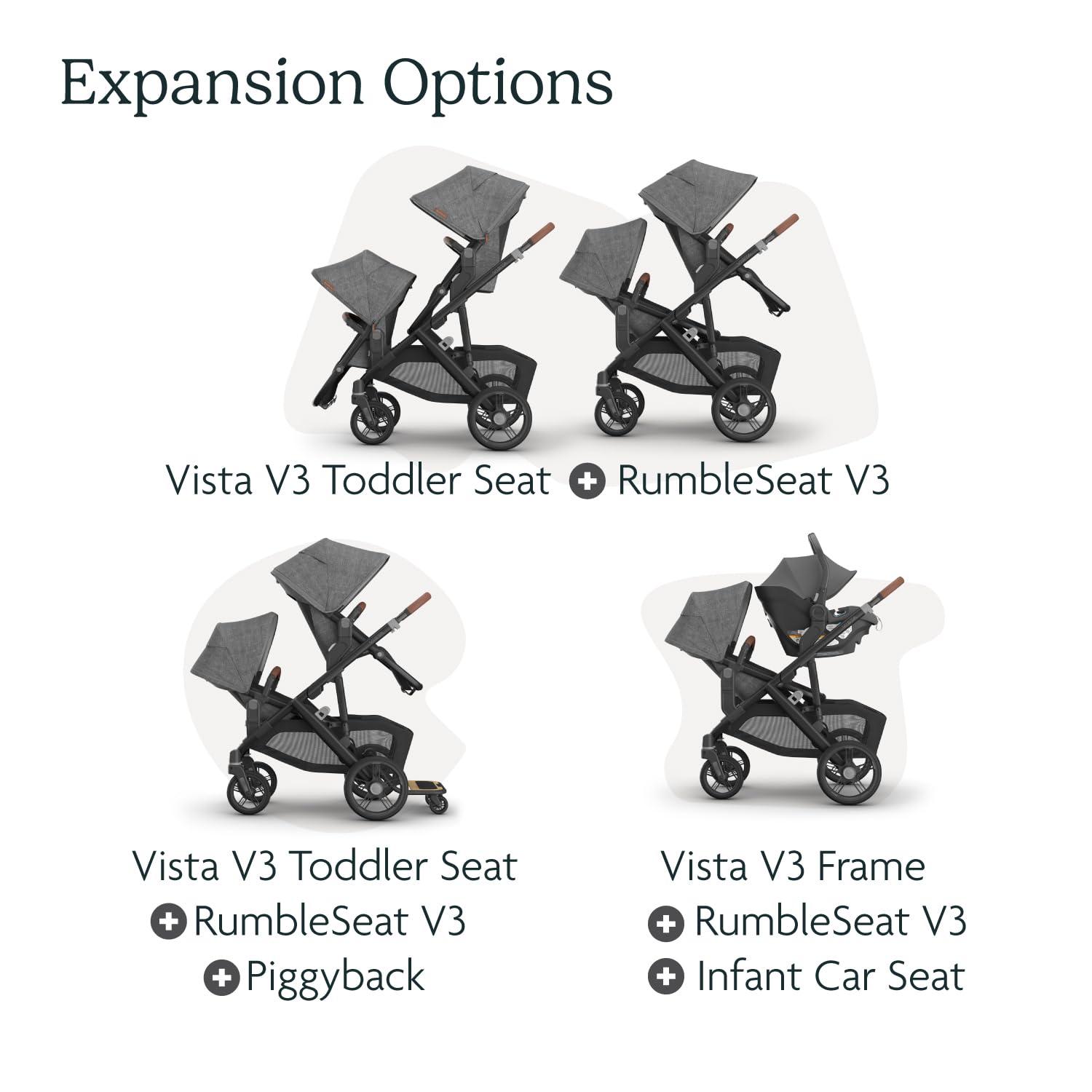 imageUPPAbaby RumbleSeat V3 Second Lower Seat  Compatible with Vista V2 and Vista V3  AllWeather Seat  Magnetic Buckle  Adapters Included  Jake CharcoalCarbon FrameBlack LeatherNoa NavyCarbon FrameSaddle Leather