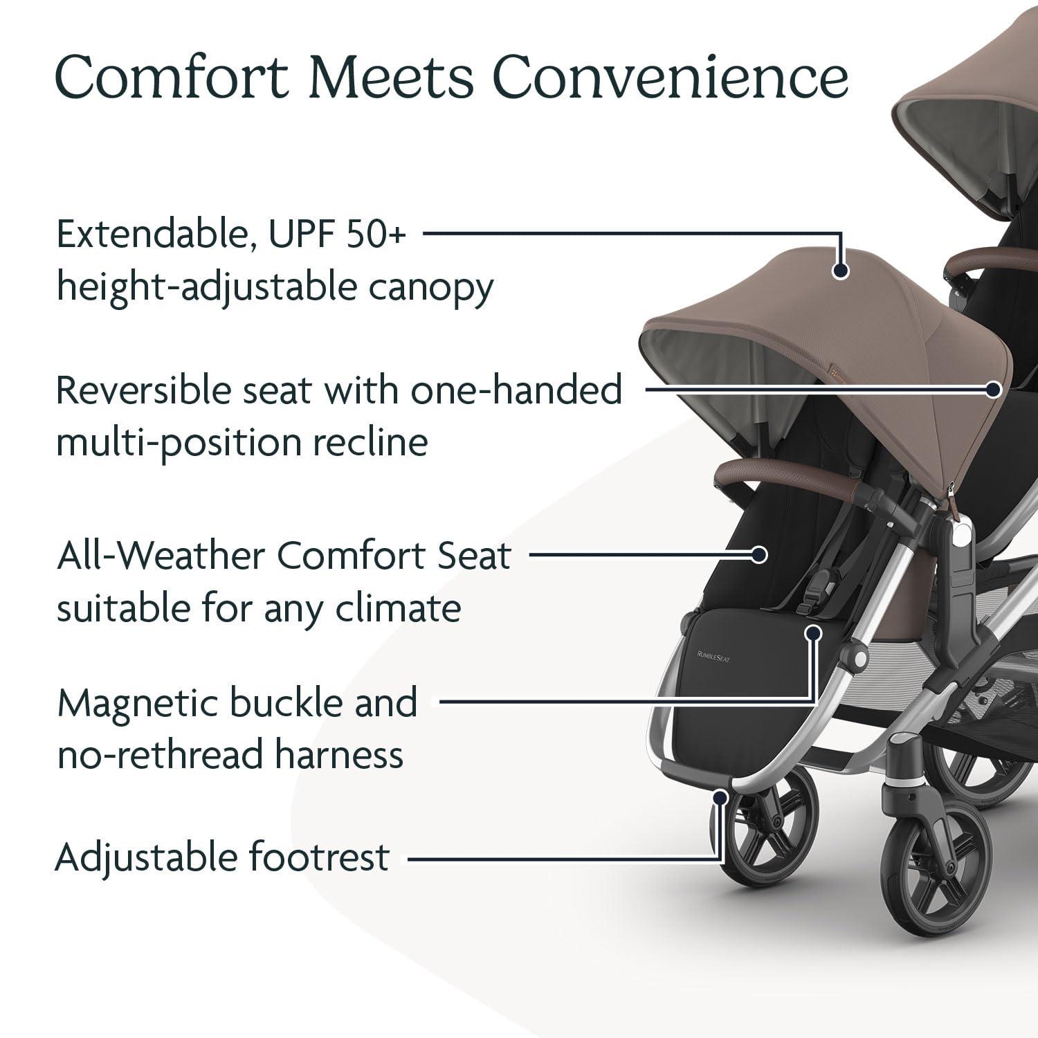 imageUPPAbaby RumbleSeat V3 Second Lower Seat  Compatible with Vista V2 and Vista V3  AllWeather Seat  Magnetic Buckle  Adapters Included  Jake CharcoalCarbon FrameBlack LeatherTheo Dark TaupeSilver FrameChestnut Leather