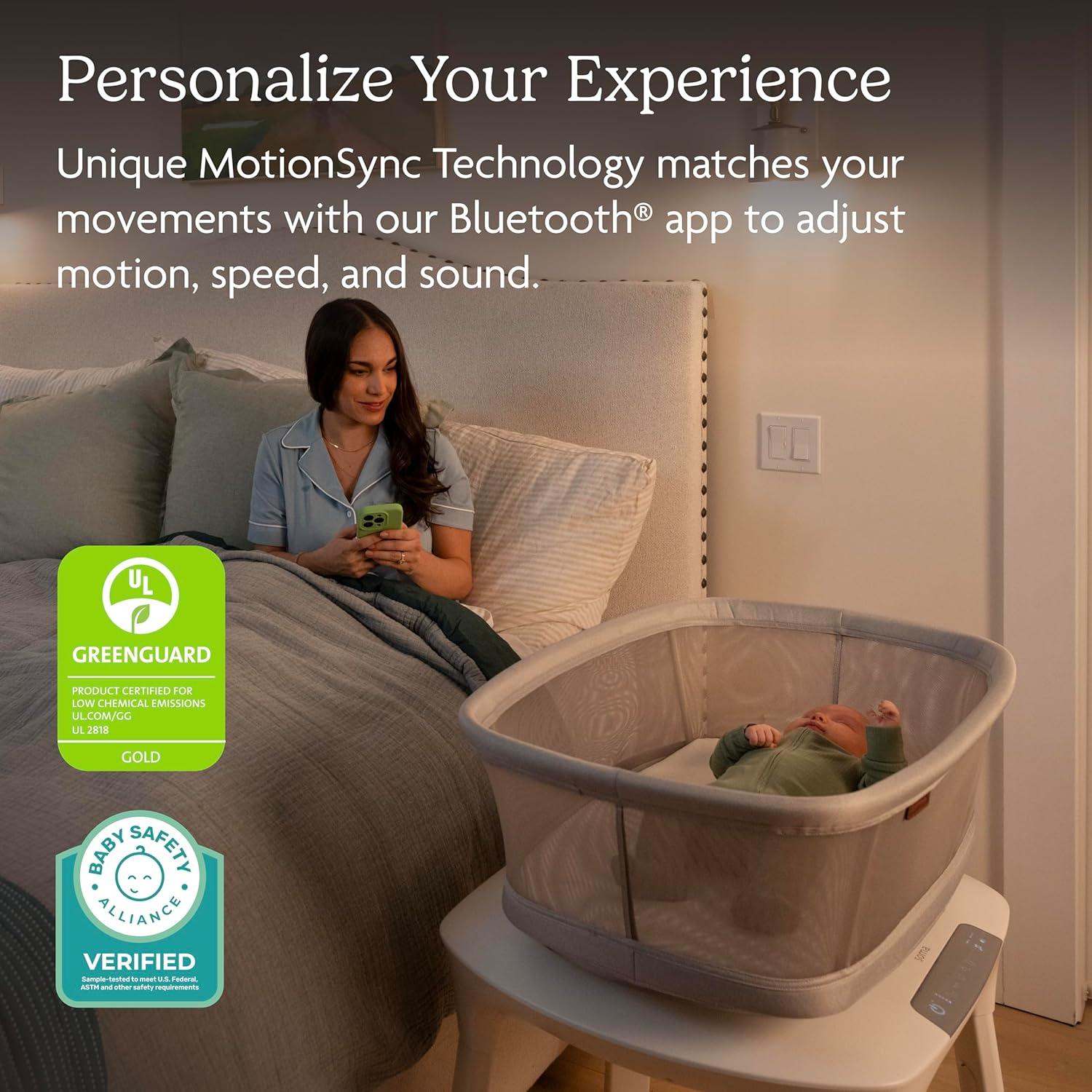 imageUPPAbaby Soma Smart Bassinet  5 motions  5 speeds  4 Sounds with MotionSync Technology  Height Adjustable  Included Mattress Sheet  Storage Basket  Charlie Sand Mlange