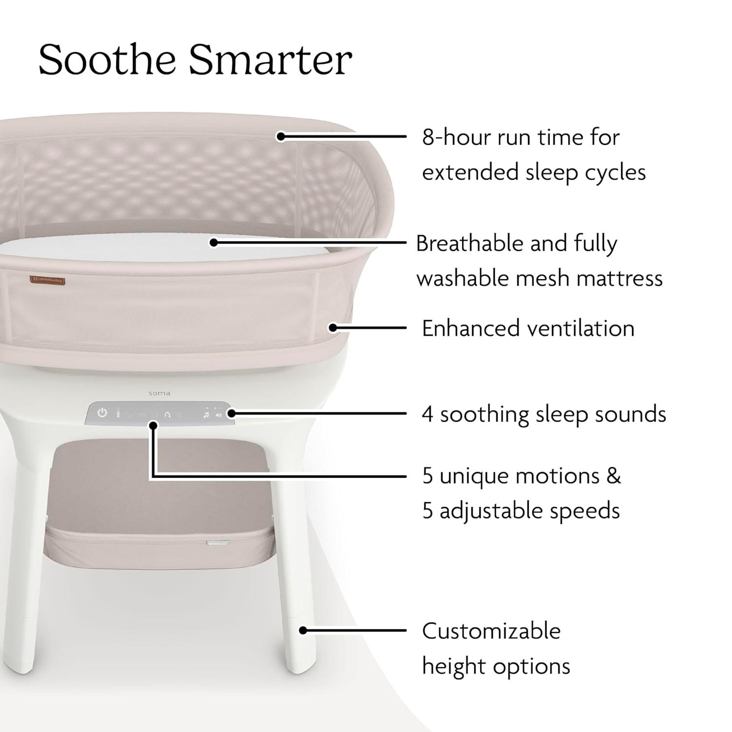 imageUPPAbaby Soma Smart Bassinet  5 motions  5 speeds  4 Sounds with MotionSync Technology  Height Adjustable  Included Mattress Sheet  Storage Basket  Charlie Sand Mlange