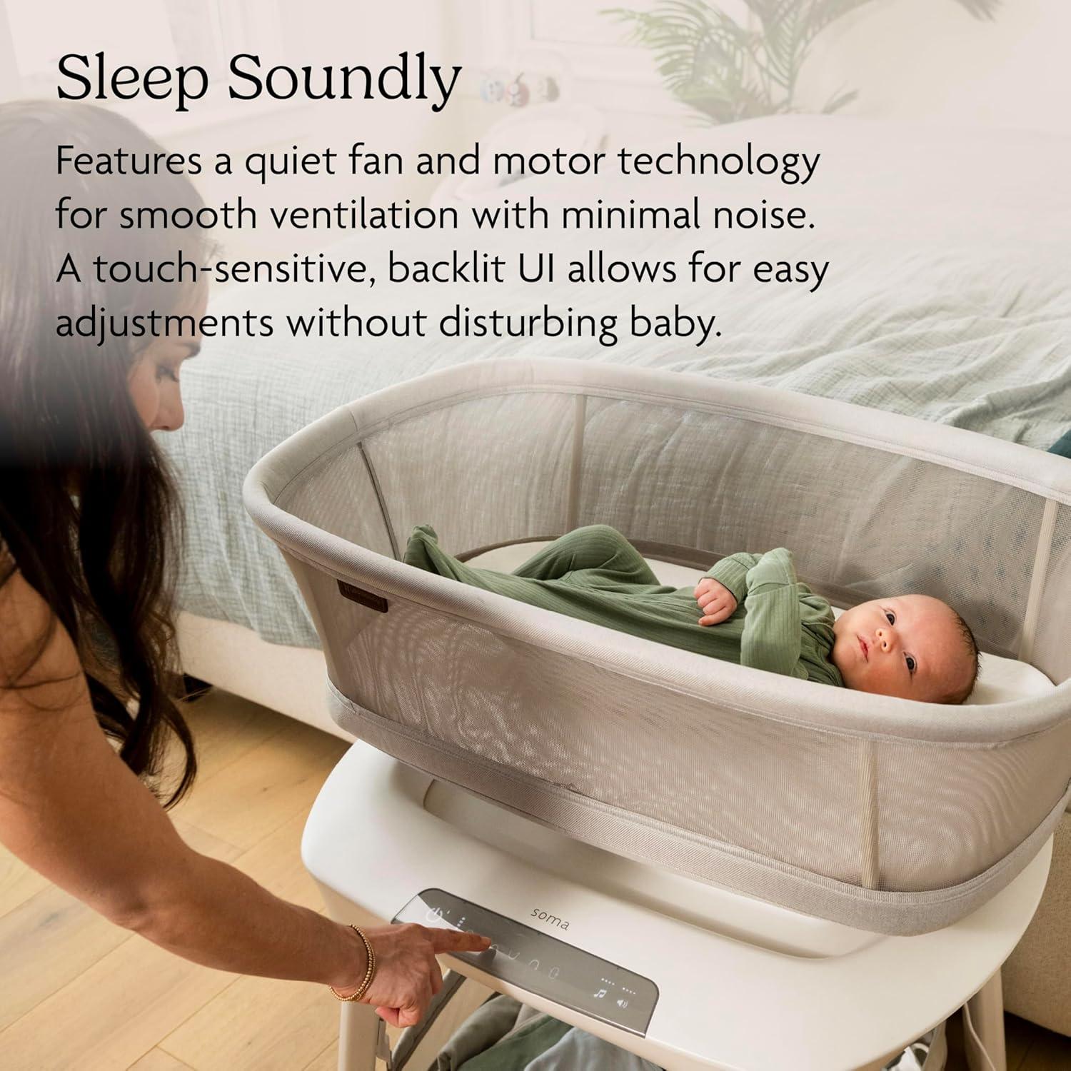 imageUPPAbaby Soma Smart Bassinet  5 motions  5 speeds  4 Sounds with MotionSync Technology  Height Adjustable  Included Mattress Sheet  Storage Basket  Charlie Sand Mlange