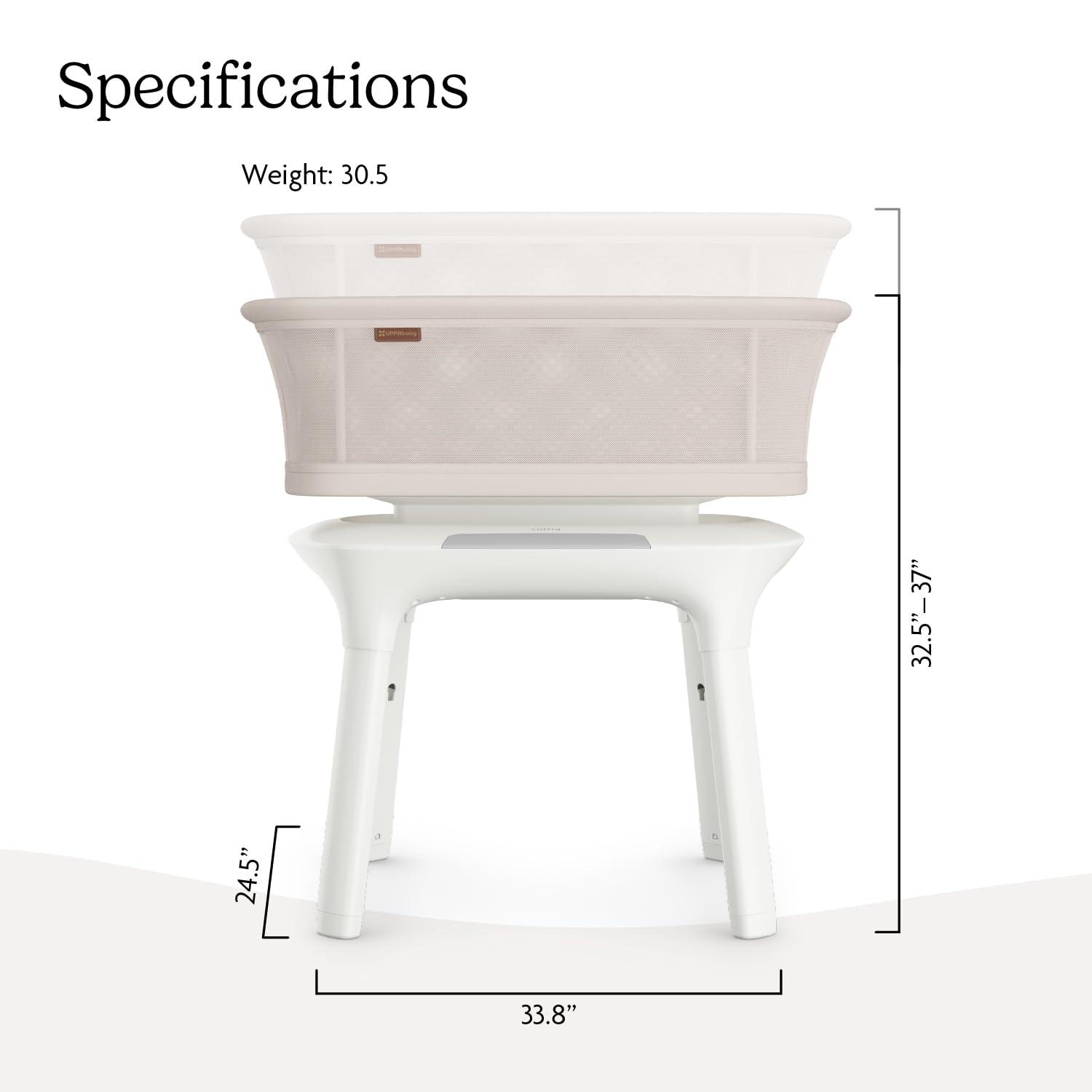 imageUPPAbaby Soma Smart Bassinet  5 motions  5 speeds  4 Sounds with MotionSync Technology  Height Adjustable  Included Mattress Sheet  Storage Basket  Charlie Sand Mlange