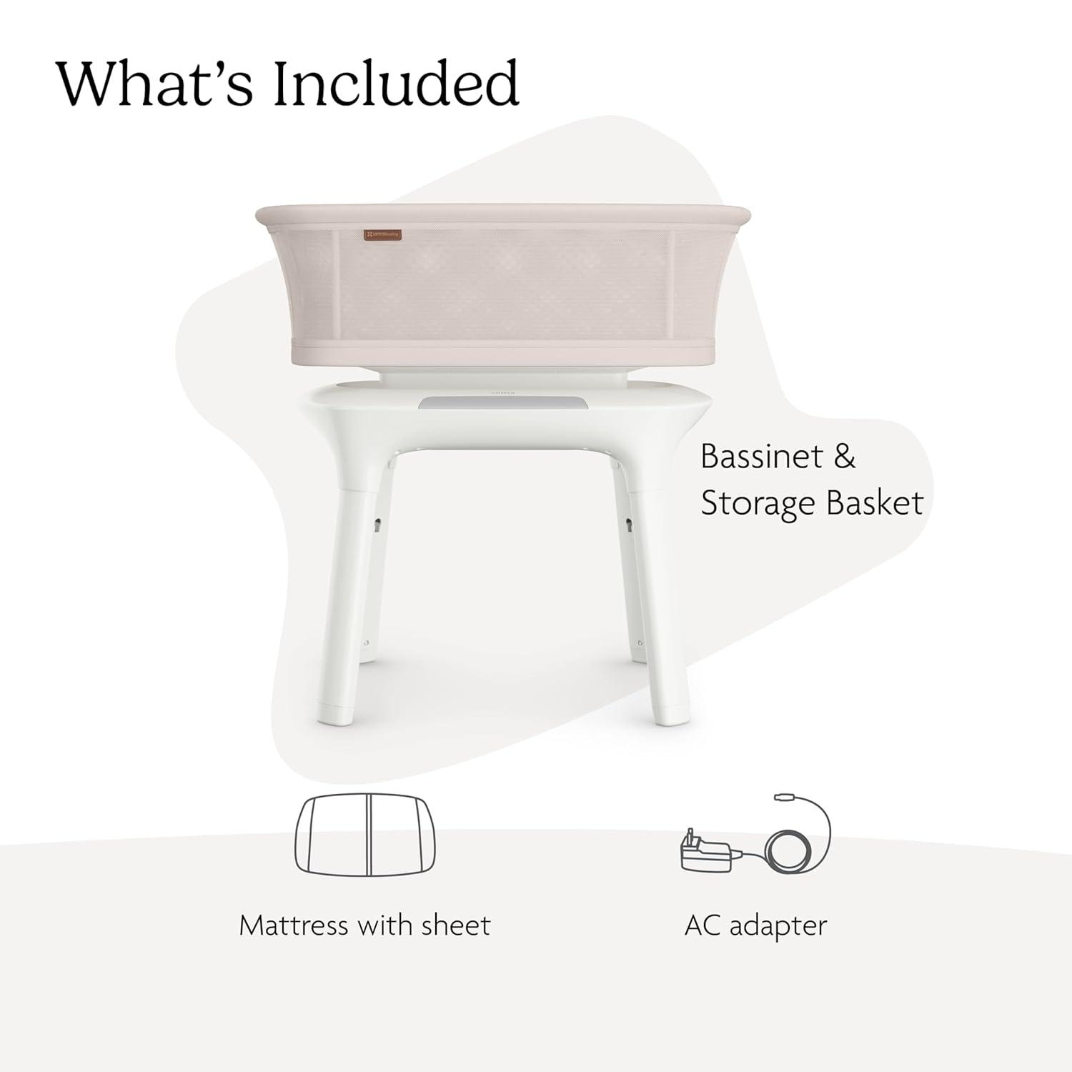 imageUPPAbaby Soma Smart Bassinet  5 motions  5 speeds  4 Sounds with MotionSync Technology  Height Adjustable  Included Mattress Sheet  Storage Basket  Charlie Sand Mlange