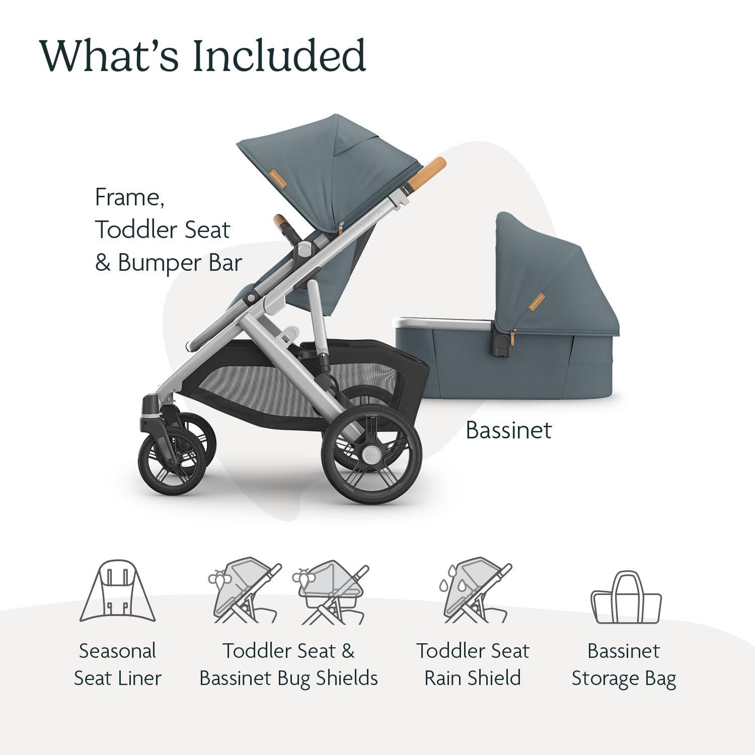 imageUPPAbaby Vista V3 Stroller  Bassinet V3  Convertible SingletoDouble Stroller System Bassinet Toddler Seat Bug Shield Rain Shield Included Callum Stone BlueSilver FrameSand LeatherCallum Stone BlueSilver FrameSand Leather
