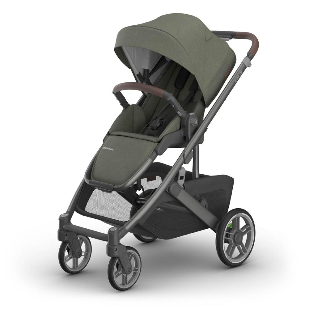 imageUPPAbaby Cruz V3 Stroller  from Birth  Car Seat Compatible  FullSize Reversible Seat  Infant Insert Bug and Rain Shields Included  Greyson Charcoal MlangeCarbon FrameSaddle LeatherEvelyn Meadow Green