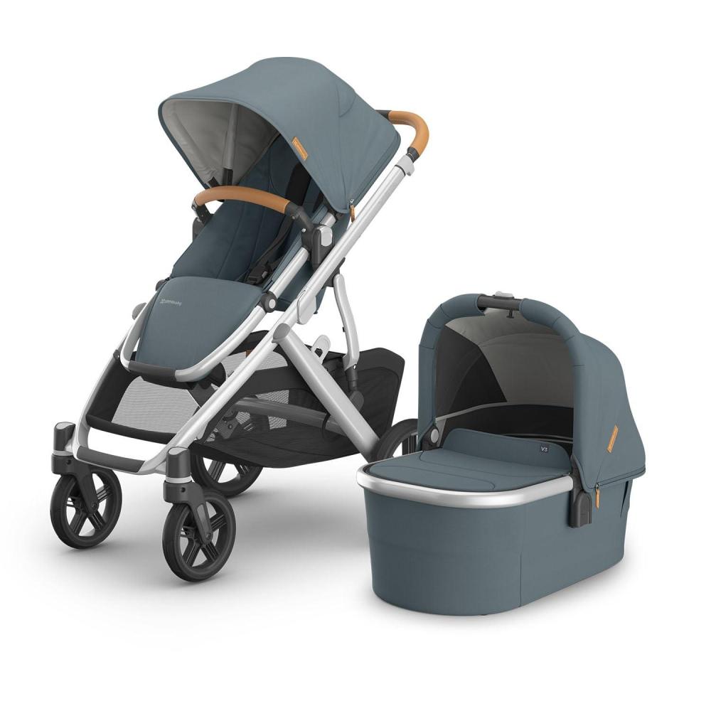 imageUPPAbaby Vista V3 Stroller  Bassinet V3  Convertible SingletoDouble Stroller System Bassinet Toddler Seat Bug Shield Rain Shield Included Callum Stone BlueSilver FrameSand LeatherCallum Stone BlueSilver FrameSand Leather